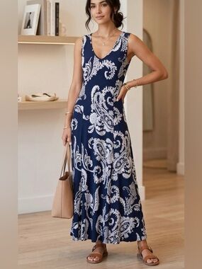 NY Collection Navy Paisley V-Neck Maxi Dress size 2X